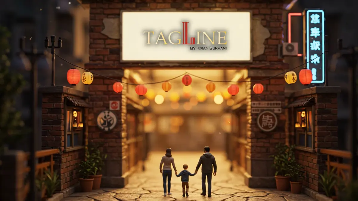 A still from the Tagline film: a family walks into a lantern-lit gateway under the Tagline sign
